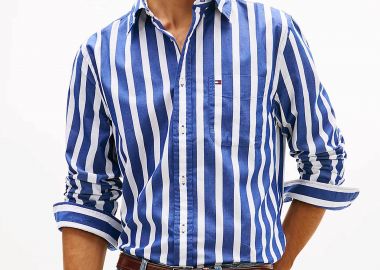 Tommy Hilfiger ανδρικό πουκάμισο button down με ριγέ σχέδιο και τσέπη με κεντημένο logo flag Regular Fit - MW0MW41715 Μπλε - TOMMY HILFIGER - 
