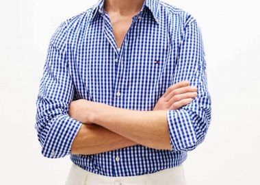 Tommy Hilfiger ανδρικό πουκάμισο καρό με κεντημένο logo flag Regular Fit - MW0MW42445 Λευκό - Μπλε - TOMMY HILFIGER - 