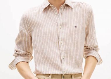 Tommy Hilfiger ανδρικό πουκάμισο λινό με ριγέ σχέδιο Regular Fit - MW0MW42400 Μπεζ - TOMMY HILFIGER - 