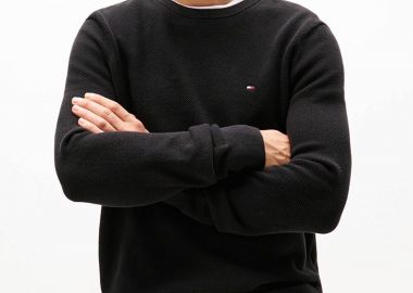 Tommy Hilfiger ανδρικό πουλόβερ textured με κεντημένο λογότυπο Regular Fit - MW0MW36347 Μαύρο - TOMMY HILFIGER - 