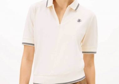 Tommy Hilfiger γυναικεία μπλούζα πόλο πικέ με φερμουάρ και κεντημένο monogram Regular Fit - WW0WW47853 Κρέμ - TOMMY HILFIGER - 