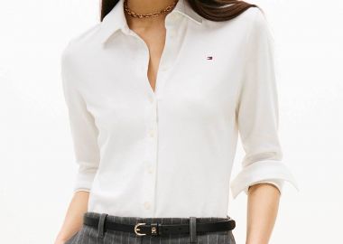 Tommy Hilfiger γυναικείο πικέ πουκάμισο με ριγέ σχέδιο και λογότυπο Sim Fit - WW0WW43528 Εκρού - TOMMY HILFIGER - 