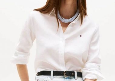 Tommy Hilfiger γυναικείο πουκάμισο με λογότυπο στο στήθος - WW0WW44679 Λευκό - TOMMY HILFIGER - 