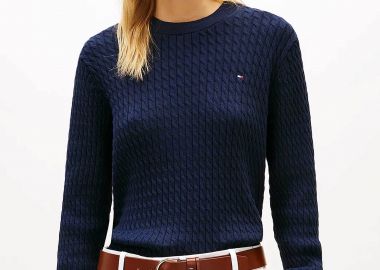 Tommy Hilfiger γυναικείο πουλόβερ με cable knit pattern και κεντημένο λογότυπο Regular Fit - WW0WW44993 Μπλε Σκούρο - TOMMY HILFIGER - 