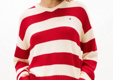 Tommy Hilfiger γυναικείο πουλόβερ με κασμίρι και ριγέ σχέδιο με κεντημένο logo flag Relaxed Fit - WW0WW47655 Κόκκινο - TOMMY HILFIGER - 