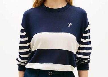 Tommy Hilfiger γυναικείο πουλόβερ με ριγέ σχέδιο και κεντημένο logo Regular Fit - WW0WW48501 Σκούρο Μπλε - TOMMY HILFIGER - 
