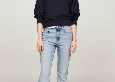 Tommy Hilfiger γυναικείο τζην παντελόνι μονόχρωμο ψηλόμεσο με κεντημένη λεπτομέρεια - WW0WW41316 Denim Blue Ανοιχτό - TOMMY HILFIGER - 