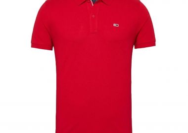 Tommy Jeans ανδρική μπλούζα πόλο μονόχρωμη με λογότυπο Slim Fit - DM0DM18312 Κόκκινο - TOMMY JEANS - 