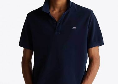 Tommy Jeans ανδρική μπλούζα πόλο μονόχρωμη με λογότυπο Slim Fit - DM0DM20226 Μπλε Σκούρο - TOMMY JEANS - 
