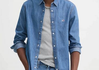 Tommy Jeans ανδρικό denim πουκάμισο με κεντημένο λογότυπο - DM0DM21102 Denim Blue - TOMMY JEANS - 