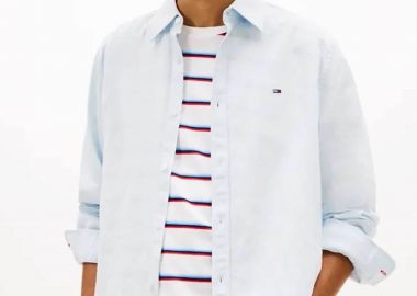 Tommy Jeans ανδρικό πουκάμισο με λινό με λογότυπο Regular Fit - DM0DM22761 Γαλάζιο - TOMMY JEANS - 