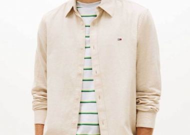 Tommy Jeans ανδρικό πουκάμισο με λινό με λογότυπο Regular Fit - DM0DM22761 Μπεζ - TOMMY JEANS - 