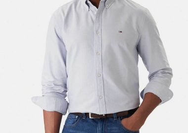 Tommy Jeans ανδρικό πουκάμισο με λογότυπο Regular Fit - DM0DM22836 Μπλε Ανοιχτό - TOMMY JEANS - 