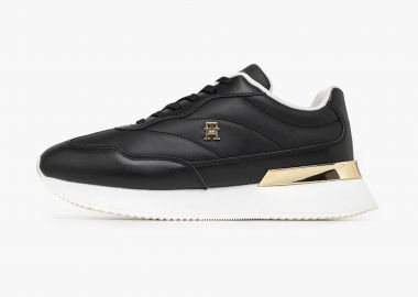 Tommy Jeans γυναικεία δερμάτινα sneakers με μεταλλικό μονόγραμμα - FW0FW09033 Μαύρο - TOMMY JEANS - 