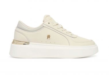 Tommy Jeans γυναικεία δερμάτινα sneakers με μεταλλικό μονόγραμμα - FW0FW09364 Εκρού - TOMMY JEANS - 