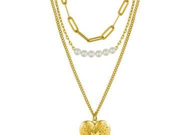 Τριπλό Κολιέ Από Ανοξείδωτο Ατσάλι Επιχρυσωμένο Με Καρδιά Μαργαριτάρια AA15708 - AMOR AMOR - 