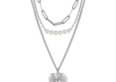 Τριπλό Κολιέ Από Ανοξείδωτο Ατσάλι Με Καρδιά Και Μαργαριτάρια AA15707 - AMOR AMOR - 