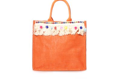 Τσάντα θαλάσσης πορτοκαλί με κρόσια και πον πον ΠΟΡΤΟΚΑΛΙ - Tsoukalas - 