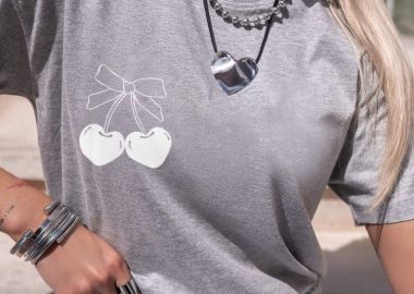 TSHIRT ΓΚΡΙ ME ΚΕΡΑΣΙ - BOW CHERRY - fashionroom - 