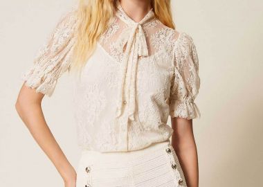 Twinset γυναικεία μπλούζα δαντέλα με φιόγκο - 261TP2625 Εκρού - TWINSET - 