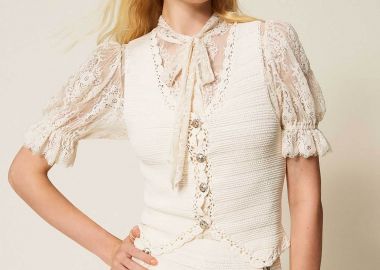 Twinset γυναικείο γιλέκο crochet με κουμπιά - 261TP3077 Μπεζ - TWINSET - 