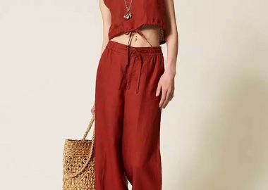 Twinset γυναικείο λινό παντελόνι μονόχρωμο Relaxed Fit - 261TT2302 Κεραμιδί - TWINSET - 