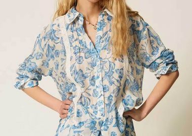 Twinset γυναικείο πουκάμισο με δαντέλα και floral print - 261LM2SAA Μπλε - TWINSET - 