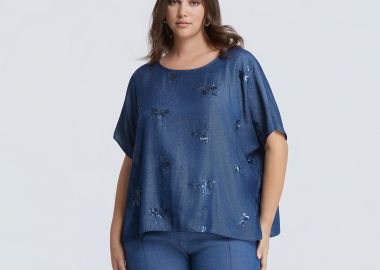 Τζιν μπλούζα με κέντημα παγιέτας - MAT FASHION - 