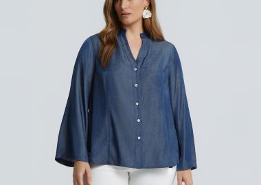 Τζιν πουκάμισο με εντυπωσιακά μανίκια καμπάνα - MAT FASHION - 