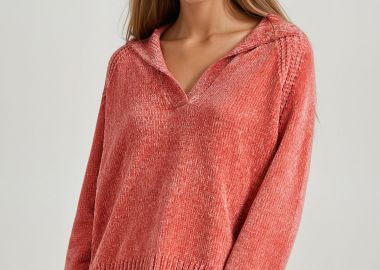 V-neck σενίλ πουλόβερ με δίπλωμα στα μανίκια - FUNKY BUDDHA - 