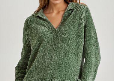 V-neck σενίλ πουλόβερ με δίπλωμα στα μανίκια - FUNKY BUDDHA - 