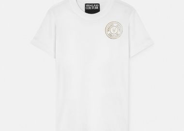 Versace Jeans Couture γυναικείο T-shirt μονόχρωμο βαμβακερό με contrast emblem print - 76HAHT02CJ03T Λευκό - VERSACE JEANS COUTURE - 