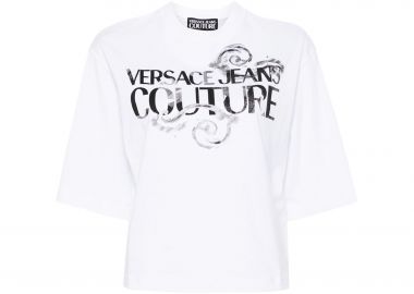 Versace Jeans Couture γυναικείο T-shirt μονόχρωμο βαμβακερό με contrast logo και Baroque print - 76HAHG01CJ00G Λευκό - VERSACE JEANS COUTURE - 