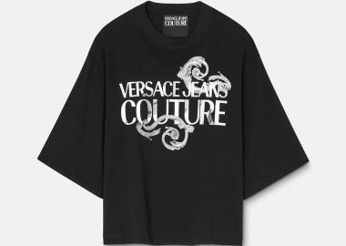 Versace Jeans Couture γυναικείο T-shirt μονόχρωμο βαμβακερό με contrast logo και Baroque print - 76HAHG01CJ00G Μαύρο - VERSACE JEANS COUTURE - 