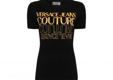 Versace Jeans Couture γυναικείο T-shirt μονόχρωμο βαμβακερό με contrast logo print - 76HAHC00CJ02C Μαύρο - VERSACE JEANS COUTURE - 