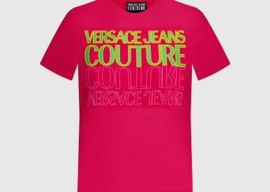 Versace Jeans Couture γυναικείο T-shirt μονόχρωμο βαμβακερό με πολύχρωμο logo print - 76HAHC01CJ01C Φούξια - VERSACE JEANS COUTURE - 