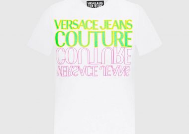 Versace Jeans Couture γυναικείο T-shirt μονόχρωμο βαμβακερό με πολύχρωμο logo print - 76HAHC01CJ01C Λευκό - VERSACE JEANS COUTURE - 
