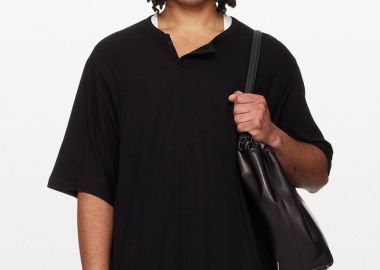 YOHJI YAMAMOTO Ανδρικό Μαύρο Short Sleeved Henry T-Shirt - YOHJI YAMAMOTO - 