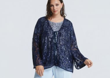 Ζακέτα με floral κέντημα παγιέτας και δέσιμο μπροστά - MAT FASHION - 