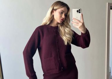 ZANNA γυναικείο μπορντό πλεκτο σετ ζακέτα φούστα - SOU - 